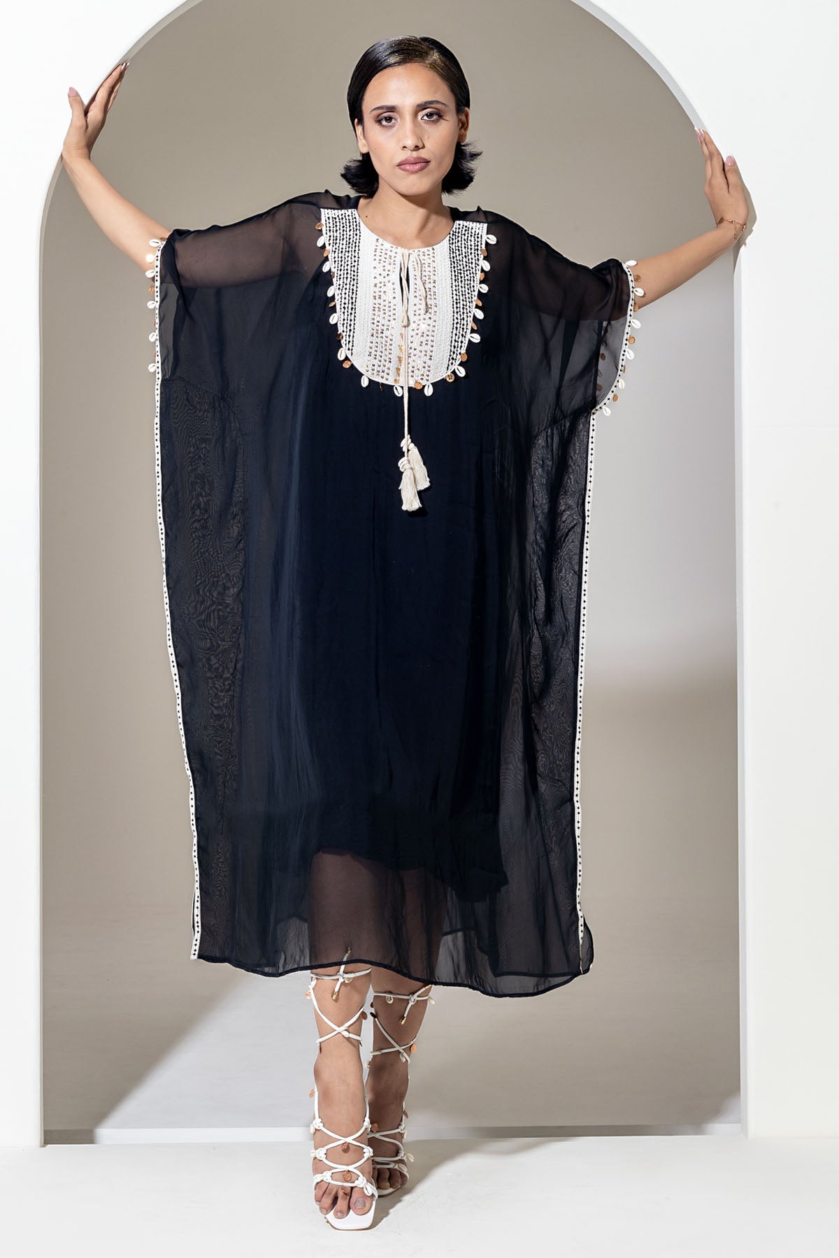 Designer Kusmi Show-Stopping Shimmer: Black Beaded Kaftan For Women at ScrollnShops